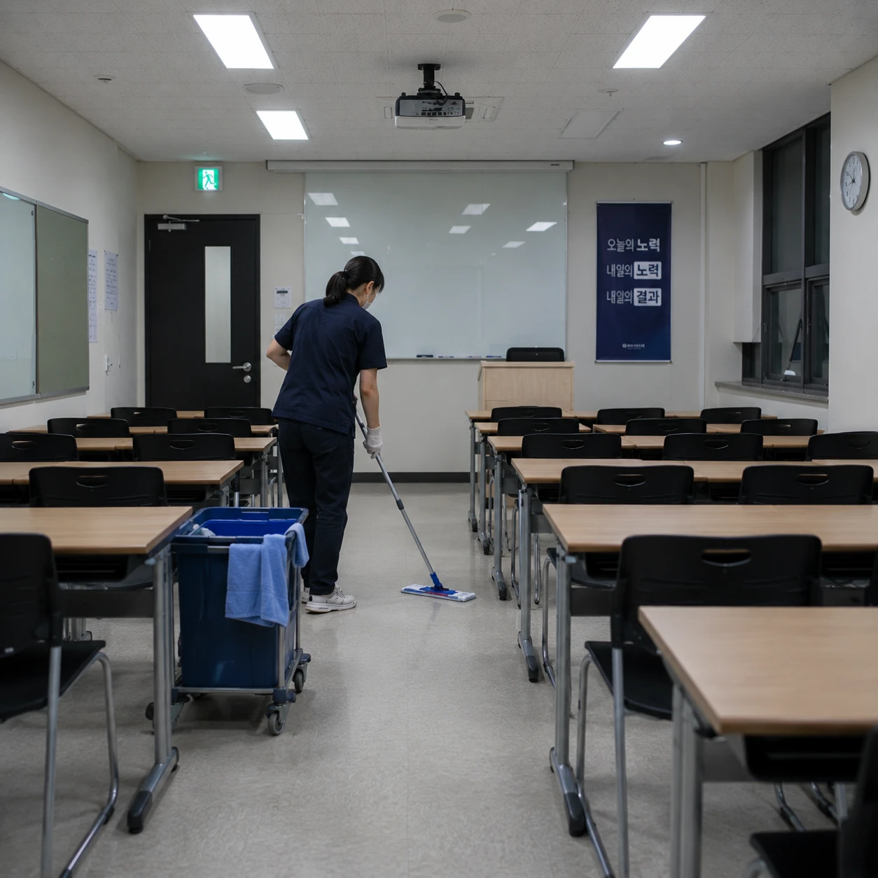도봉구 정기청소 - 교실 책상과 복도, 화물 적재용 사각지대의 분진 가루를 꼼꼼히 닦아내는 펠트 크리닝